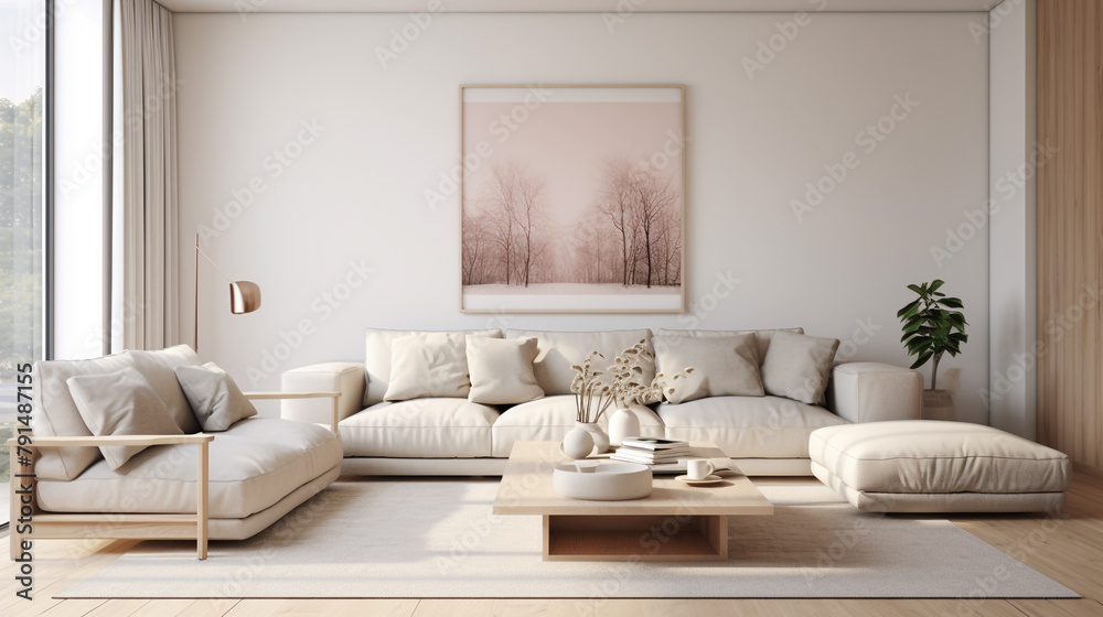 Soft neutrals and clean lines define this Scandinavian-inspired interior, with a cozy sofa, minimalist coffee table, and an empty wall space ready for customized decor or personalized artwork.