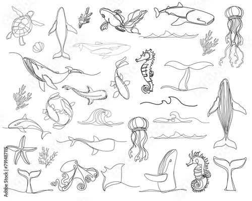 Sea inhabitants in one line art style. Vector illustration set tattoo and design for t-shirt