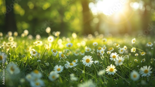 A field of daisies with sun shining through the trees, AI