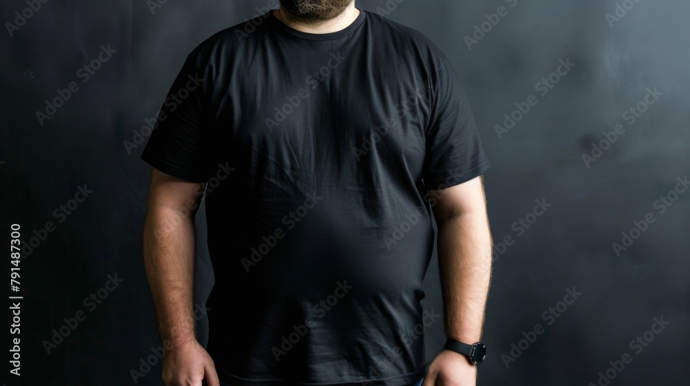 Big size fat adult man model in Blank black T Shirt for design mockup Big size fat adult man model in Blank black T Shirt for design mockup