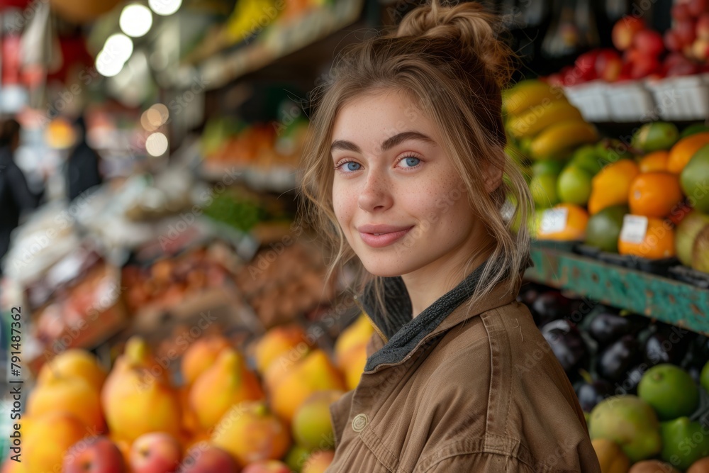 portrait of a young Caucasian woman buying fruits at a local market. ai generated