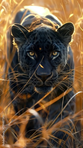 A captivating close-up of a leopard staring intensely through the wilderness, exuding wild beauty and a sense of danger