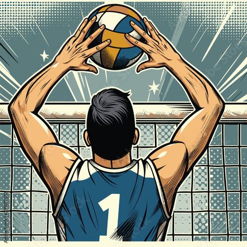 A Player Boosting a Beach Volleyball Infront of The Net Vintage Engraved