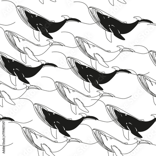Black whale in one line art style on isolated white background seamless pattern. Vector illustration