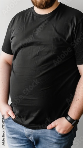 Big size fat adult man model in Blank black T Shirt for design mockup