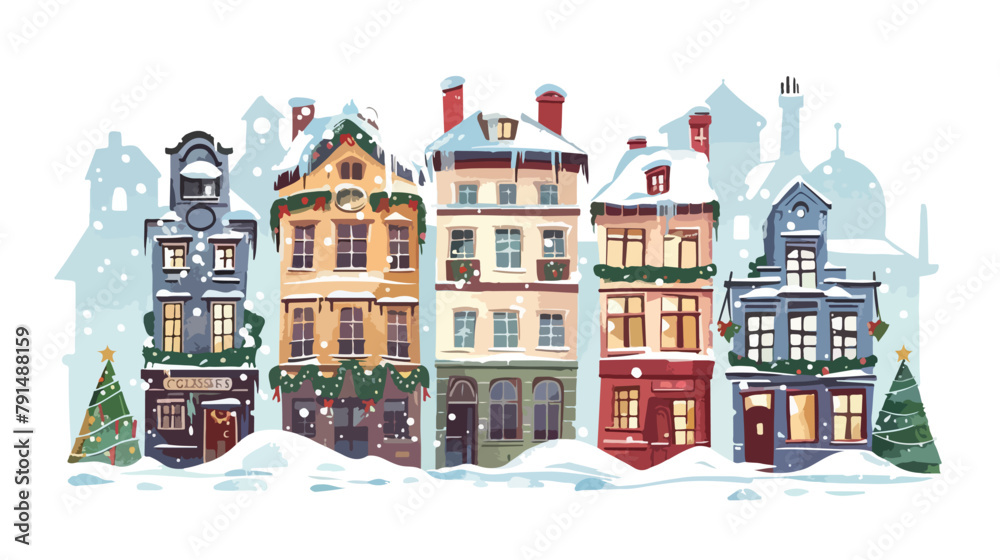 Buildings exterior in snow in European city 