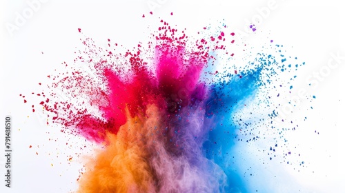 Vibrant explosion of color powder in super slow motion, capturing a dynamic mix of red, blue, and orange hues photo