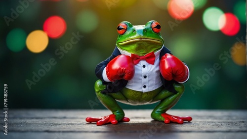 A determined frog in a tuxedo with boxing gloves, stands on a wooden surface against a bokeh light background, showcasing resilience