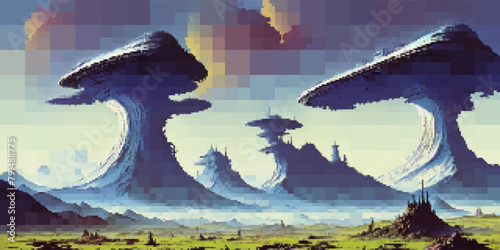 Fantasy mountain landscape. Vector pixelated illustration. Rectangular design.