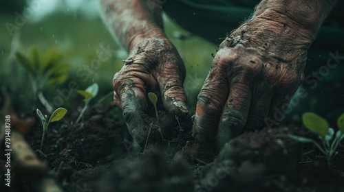 A woman's hand holds a growing plant. Beautiful blurred abstract green nature background.