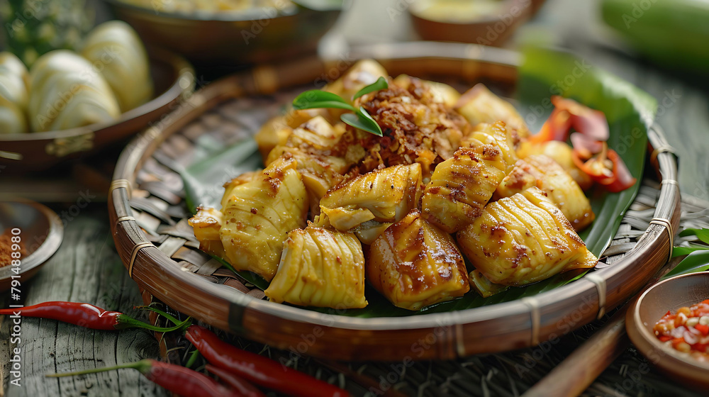 Selected Focus Ketupat Lebaran, served with Sambal Goreng Kentang, Opor Ayam, Sayur Labu Siam and Telur Semur, Traditional Celebratory Menu during Eid al-Fitr and Eid al-Adha in Indonesia