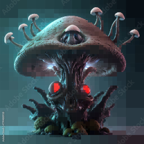 Fantastic mushroom creature. Vector pixelated illustration. Rectangular design.