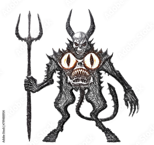 Monster skeleton with horns and tail holding a trident. Doodle sketch. Linear Vector illustration.