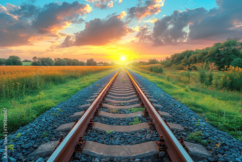 Sunset over trains road. Rails on stone embankment. Place for trains with picturesque scenery. Railway track photo