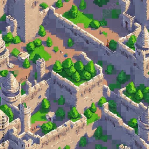 Medieval fortress. Seamless pattern. Vector pixelated illustration. Rectangular design.