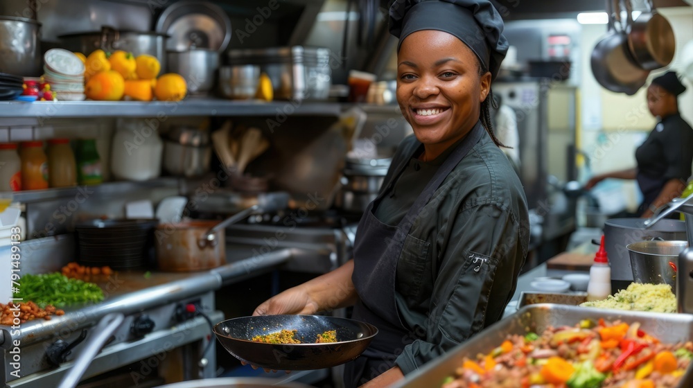 Happy black female chef preparing food in frying pan at restaurant kitchen Happy black female chef preparing food in frying pan at restaurant kitchen