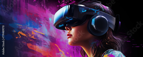 Young woman playing on futuristic headset on abstract digital dark background, VR glasses, generated ai