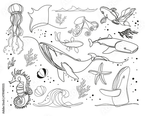 Sea inhabitants in one line art style. Vector illustration set tattoo and design for t-shirt on a white background