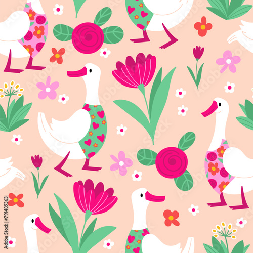 Geese and flowers seamless pattern