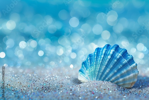 blue shiny glittery shell on a light blue glittery sand