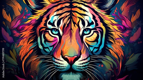 Portrait of tiger. Bright multicolored illustration. Neon tiger on a dark background. Colorful animal face © elena_garder