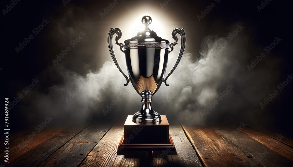 trophy with a shiny surface, positioned centrally with a spotlight on it against a dark smoky background. trophy with a shiny surface, positioned centrally with a spotlight on it against a dark smoky background.