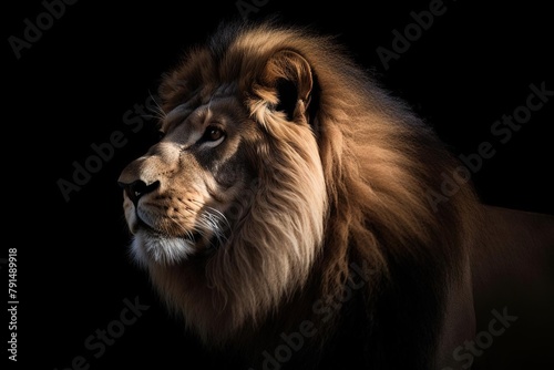 Lion Close-Up Portrait with Regal Pose on Black Background