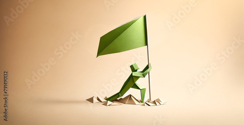 A minimalistic origami paper art composition featuring an abstract figure planting a flag on the ground