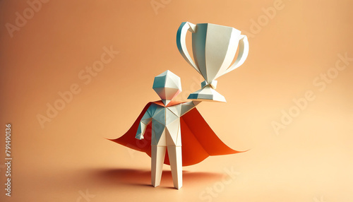 A minimalistic origami scene depicting an abstract paper figure standing on a simple representation of the Earth, holding aloft a large