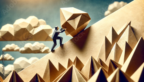 businessman pushing a large origami boulder up a steep mountain