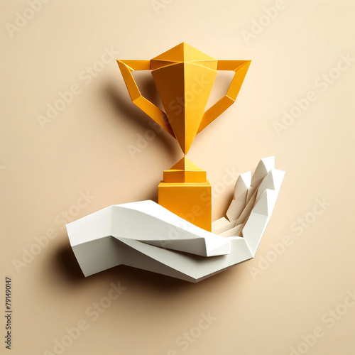 A minimalistic origami paper art representation of a hand holding a trophy