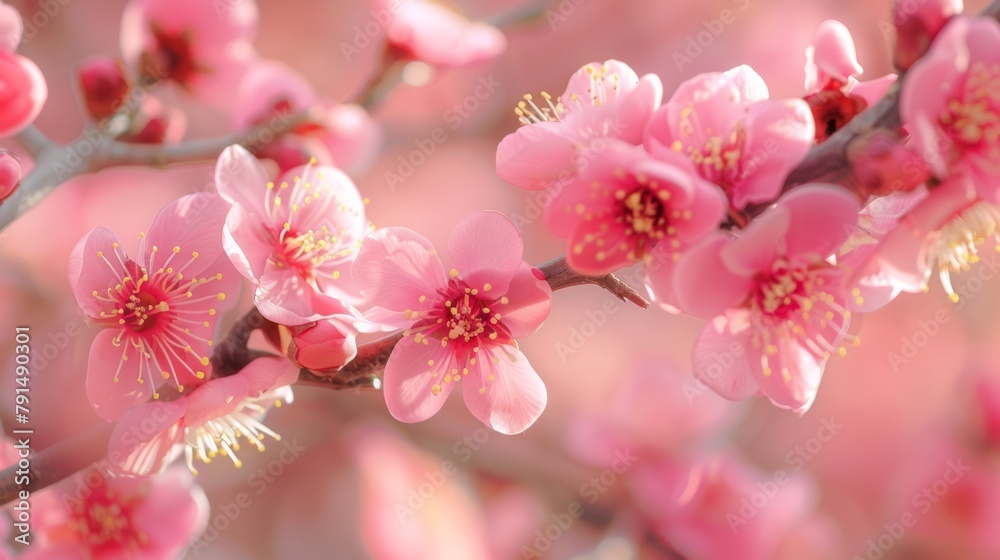 A close up of a pink flower branch with many flowers, AI
