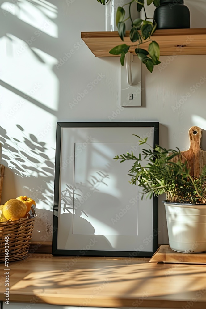photography of a small vertical picture frame with a white poster leaning against the wall on a kitchen counter in a cozy modern kitchen 