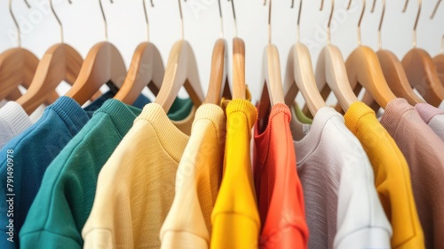 Various colored clothing arranged on wooden hangers, surrounded by white, Fashionable clothing on hangers in shop. sports warm jacket, sweater stripy shirts are hanging on Clothes Hanger 