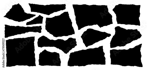 Set of torn black note paper pieces are on white background for text or ad.