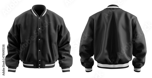 Set of black Oversized Baseball Bomber varsity jacket with ribbed strip elastic hem, front back side view on transparent background cutout, PNG file. Mockup template for artwork design.	
