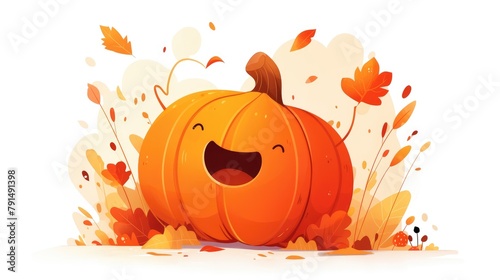 A cheerful cartoon emoji character in the form of an orange pumpkin vegetable is depicted waving in a flat raster illustration It stands isolated on a white background complete with a speec photo