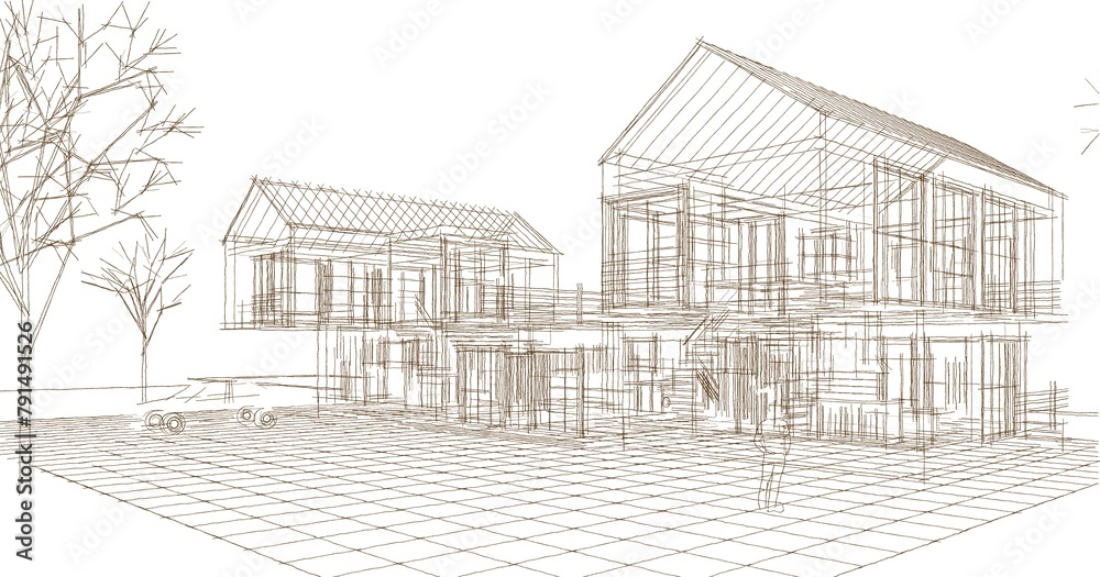 modern townhouse sketch 3d illustration