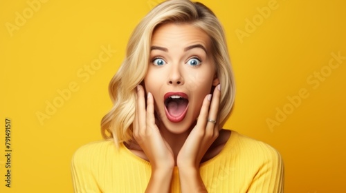 Surprised young woman shouting over yellow background. Wow face person.