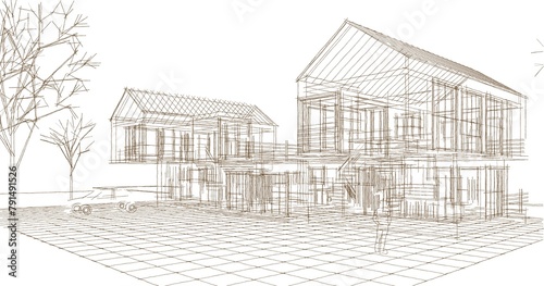 modern townhouse sketch 3d illustration