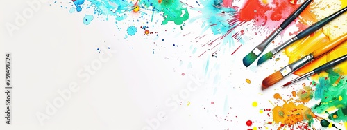 Set of different dirty paint brushes with gouache isolated on white. Composition of colorful painting brushes with paint strokes, smear smudge. Concept of hobby and creativity. Long banner, copy space