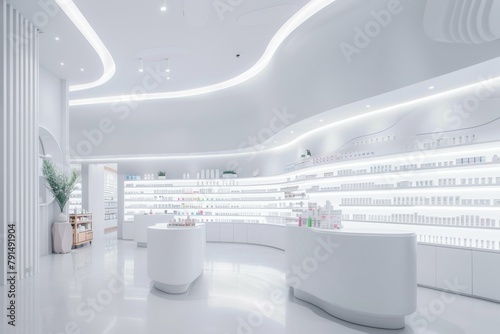aesthetic of a modern pharmacy shop, its shelves neatly arranged and ready to dispense wellness