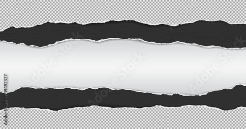 Black and squared torn paper strips with soft shadow are on white background. Vector illustration.