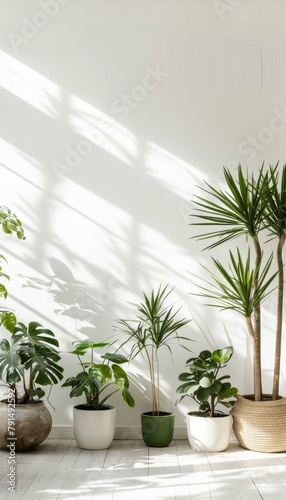 Airy white wall empty room with plants arranged on the floor  infusing space with natural freshness