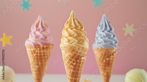 Three colorful soft serve ice creams in waffle cones on a pink background