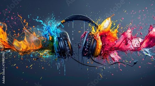 Explosion of colors around headphones in a vibrant display of music and art fusion