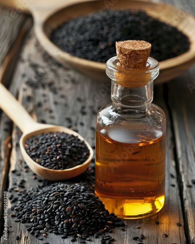 Glass bottle of oil with black seeds on wooden board. Organic herbal medicine and health product.