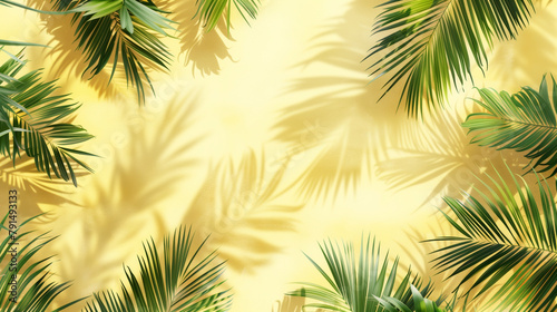 Vibrant tropical palm leaves on a sunny yellow background with soft shadows.