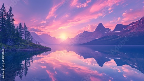 Beautiful colorful sunrise over St. Mary Lake and wild goose island in Glacier national park ,Generative ai,  photo
