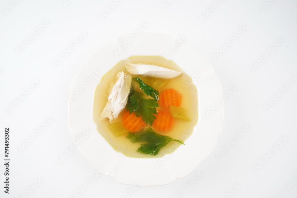Chicken soup, chicken broth, with pieces of chicken and vegetables. Chicken bouillon, boiled meat Chicken soup, chicken broth, with pieces of chicken and vegetables. Chicken bouillon, boiled meat